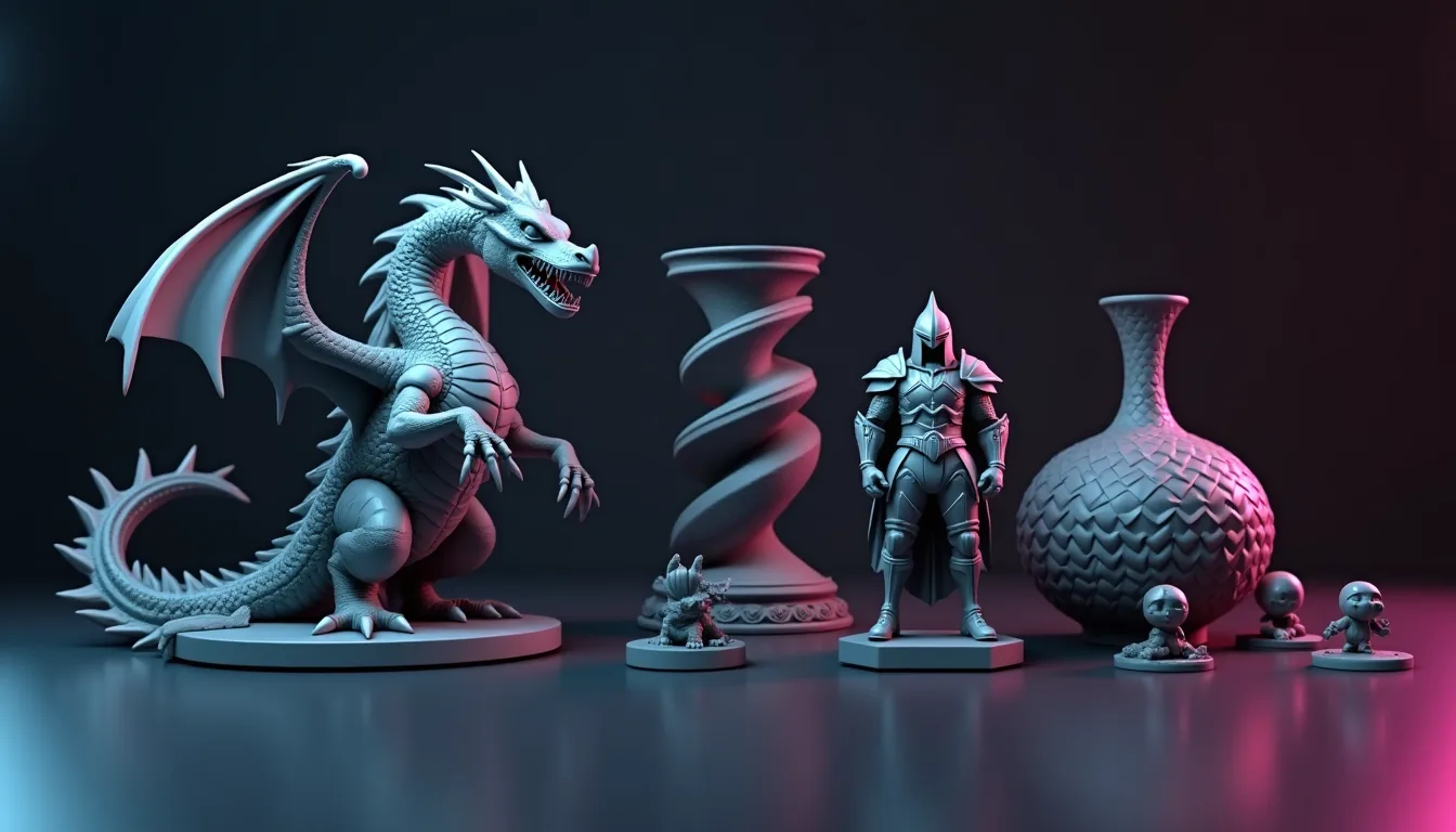 Pirâmide de cristal impressa em 3D cercada de peças e colecionáveis Tridi